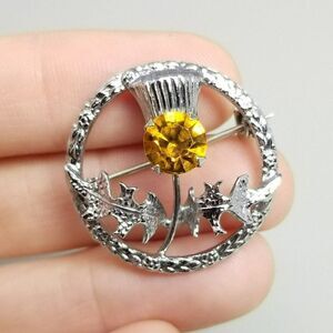 Vintage Scottish Thistle Mizpah Brooch, Silver Tone Orange Rhinestone, Estate